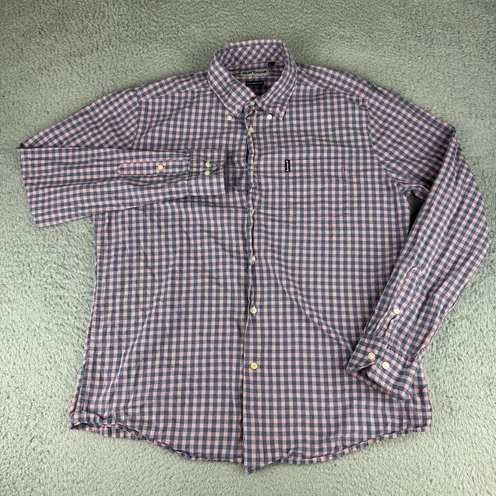Barbour Shirt Mens Medium Blue Pink Checked Button Down Long Sleeve Preppy
